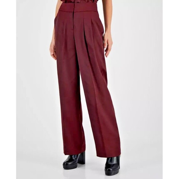 Bar III Women's Satin Trendy High Rise Wide-Leg Pleated Pants Burgundy maroon 8 - Picture 1 of 9